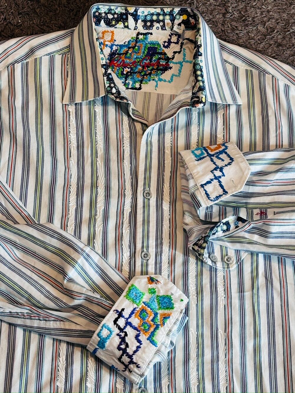 Robert Graham Men's XL Striped Shirt Embroidered Cuffs Cotton Button Up